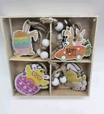 Mini Easter Tree Ornaments Bunnies Chicks Eggs Set Of 12 Twine Wood Beads