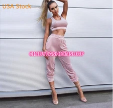 USA Women Silver Silk Two Piece Set Top+Pants Drawstring Tracksuit #J20