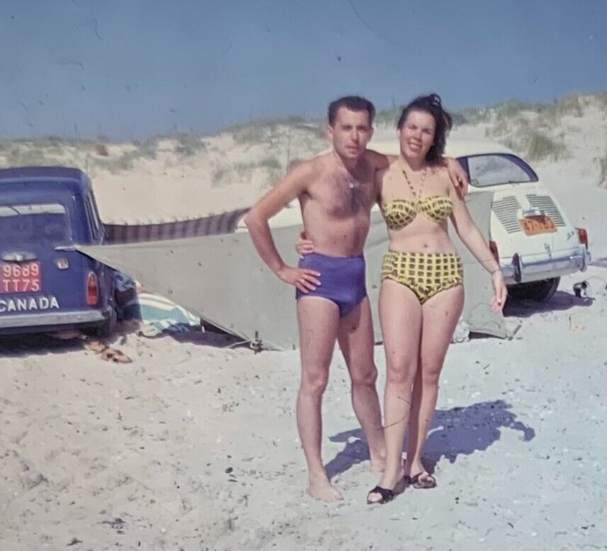 1962 Bikini Girl w/ guy Beach classic cars camping 35mm 1962 Bikini Girl w/ guy Beach classic cars camping 35mm
