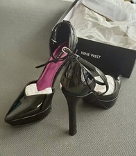 Nine West Linda Black Ankle Strap Platform Black Patent Leather Pumps size 11