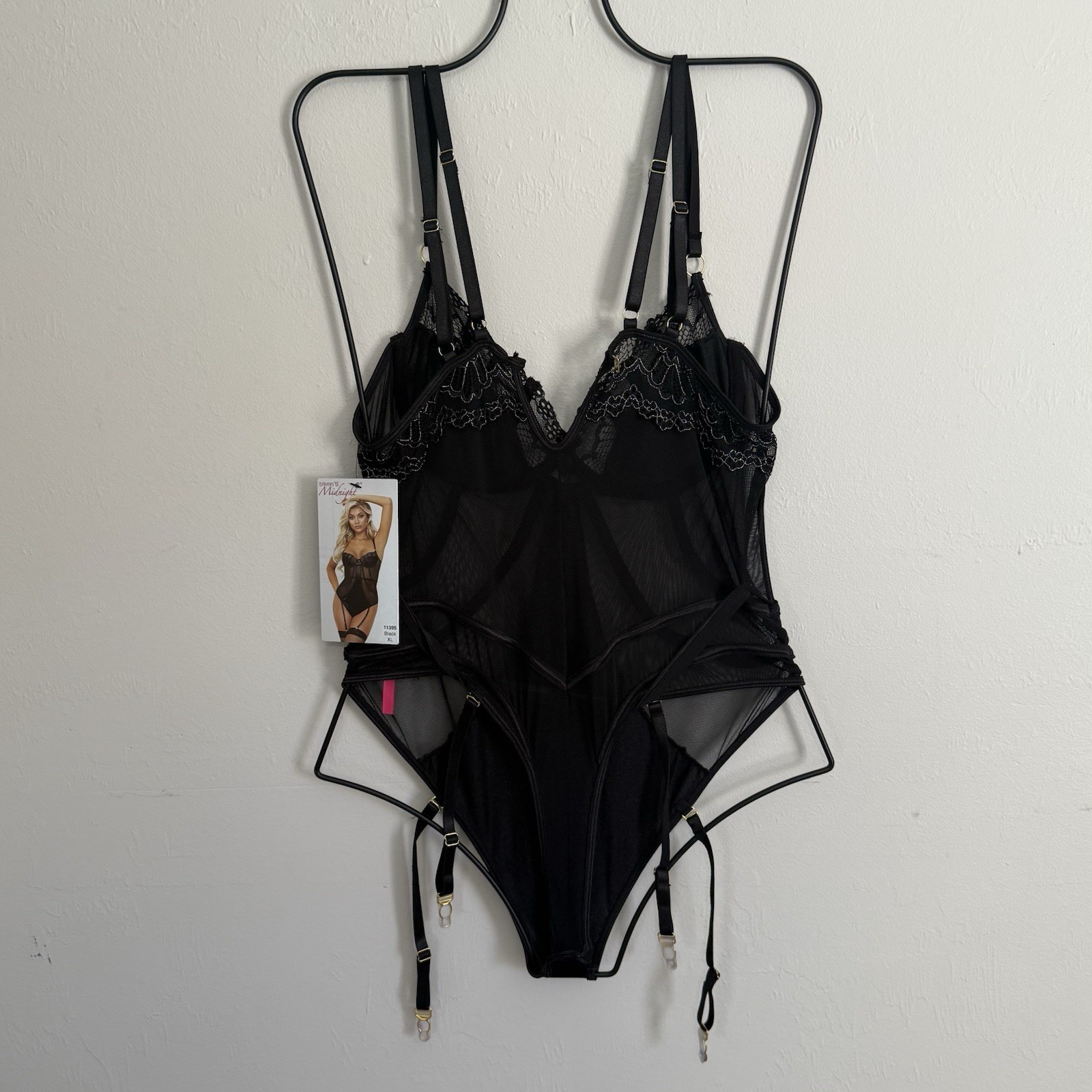 New SEVEN ‘TIL MIDNIGHT Women’s Black Satin Mesh Lace Teddy One Piece Size XL