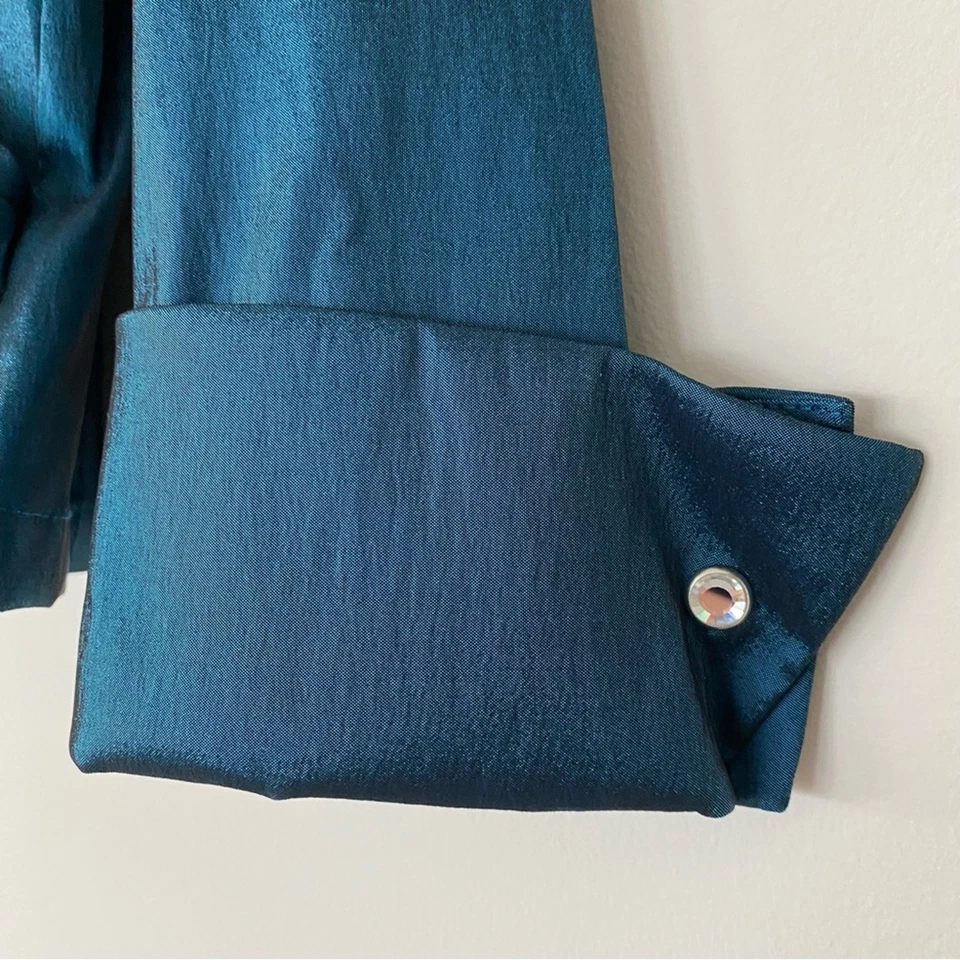 Vintage Tadashi Two-Piece Set Sz 4 Teal Satin Skirt Blouse Wedding Event 90s Y2K - Image 4 of 4