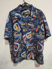 VTG Roundy Bay Sz XL Navy Blue Hawaiian Aloha Shirt Ukulele Surf Board Print