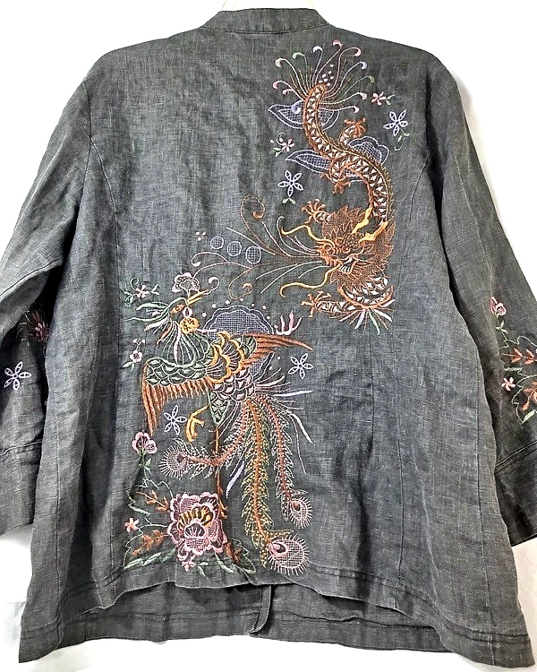 100% ЛЬНЯНАЯ РУБАШКА КУРТКА серая ВЫШИВКА ДРАКОНЫ спереди и сзади ЦИТРОН Санта-Моника - Изображение 2 из 4