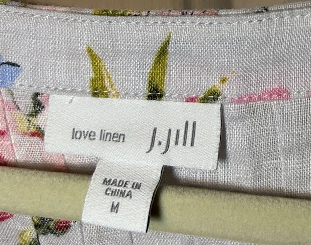 J. Jill Love 亚麻衬衫打褶束腰外衣花卉 3/4 袖钩针袖口中号 — 第 2/4 张图片