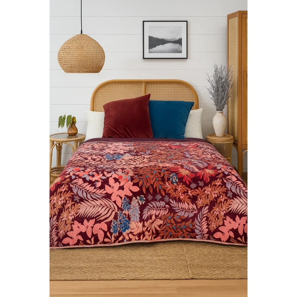 Boho Cotton Velvet Embroidered Quilt – Autumn Garden Pattern in Rust & Wine - Image 2 of 4
