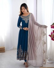 Indian Style Heavy Georgette Blue Gown Bottom With Dupatta For Wedding Wear