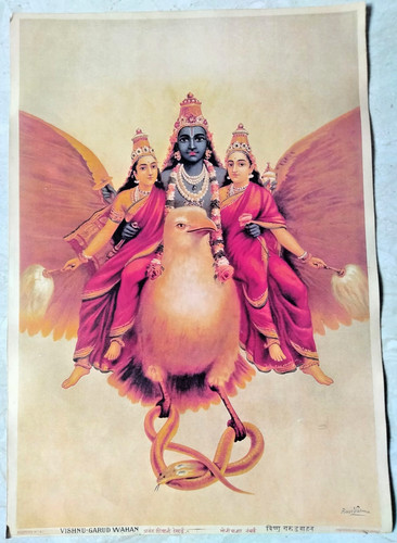 Vintage Ravi Varma Press Lithograph Print Hindu God Vishu Garud Wahan Rare Colle