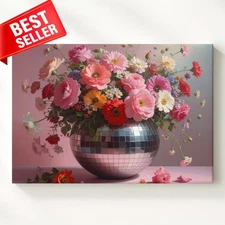 Wall Art Floral Flowers Dreamy Bouquet Disco Bloom Vase Mirrored Glam Canvas