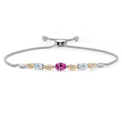 925 Silver and 10K Yellow Gold Pink Created Sapphire and Aquamarine and Lab