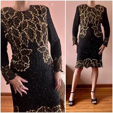 Vintage 80s Silk Sequined Black Gold Leaf Pattern Cocktail Formal Party Dress M