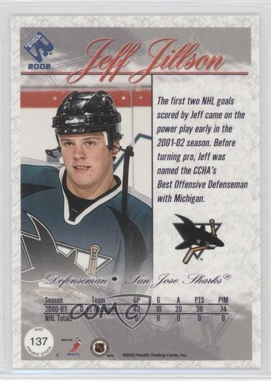 2001-02 Pacific Private Stock Premiere Date /100 Jeff Jillson #137 Rookie RC - Image 2 of 2