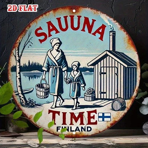 2D Flat Sauna Time Tin Metal Signs Home Décor 8x8 Vintage Round Aluminum Wall Ar