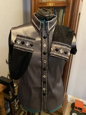 Western Charcoal Sheer Stretch Taffeta Hidden Zipper Retro Horse Show Day Shirt