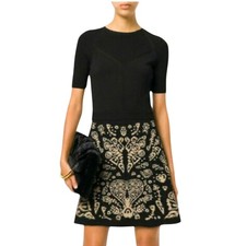 Valentino Knit Short Sleeve Mini Dress  Black Beige Intarsia Pattern Size L
