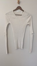 Helmut Lang Womens Ribbed Sweater Small Elbow Slash Cutout Wool Cream Designer