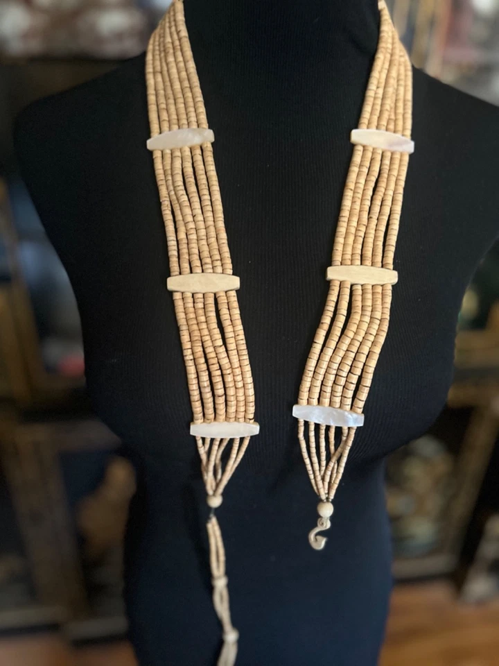 Cinturón de cadera bohemio nativo hippie vintage años 70 bronceado tallado a mano cuentas concha hueso Foto 2 de 4