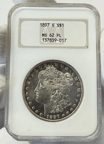 1897 S Morgan Silver Dollar NGC MS 62 PL Old Fatty Holder