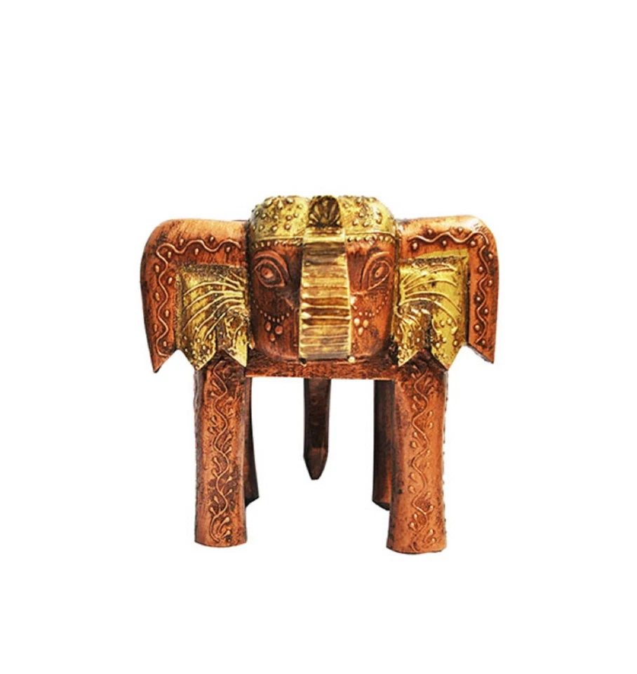 Hand Painted Wooden Elephant Shape Brown Multi Decor Side Table Statue Stool - Image 4 of 4