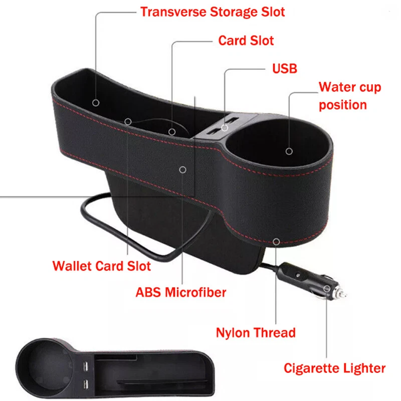 Car Right Side Seat Gap Storage Box Crevice Organizer Dual USB Cup Holder Black - Image 4 of 4