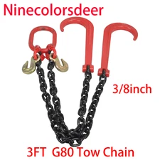 3/8" X 3' G80 Tow Chain w/15" J-Hook & Grab Hook V-Chain Tow Recovery