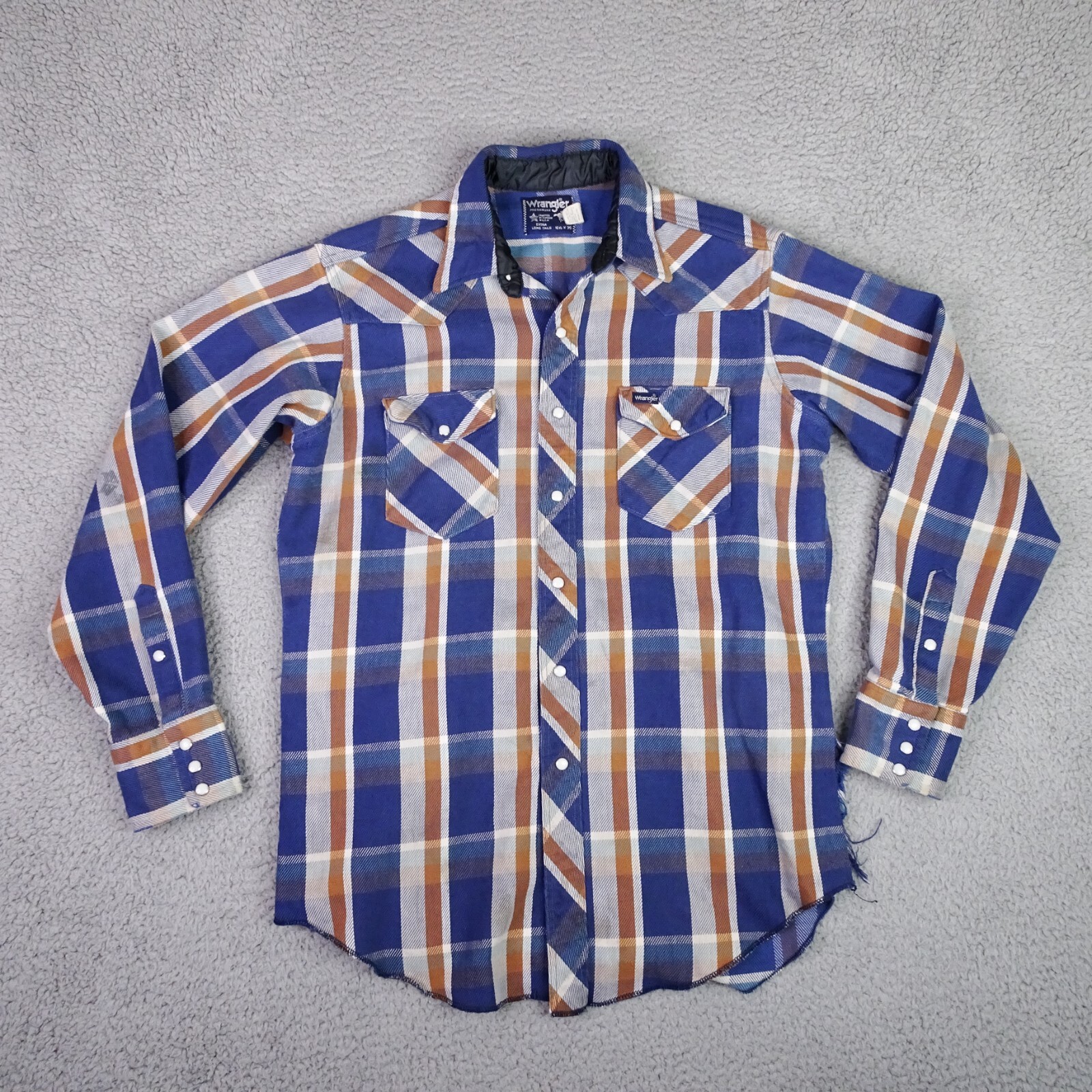 Wrangler Flannel Shirt Mens 16.5x35 Blue Long Tail Pearl Snap Shacket USA-image