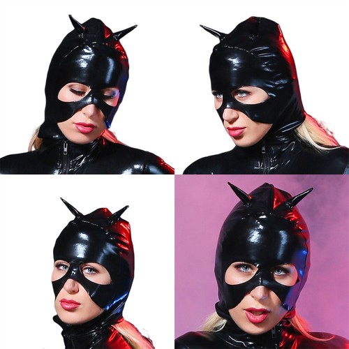 Women's Faux Leather Halloween Cosplay Face Head Cover Open Eye Mouth Hood Mask - Picture 4 of 12