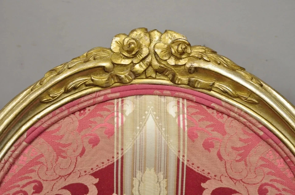 Sillones franceses estilo Luis XVI plata oro rosa damasco ovalados con respaldo - Par Foto 4 de 4