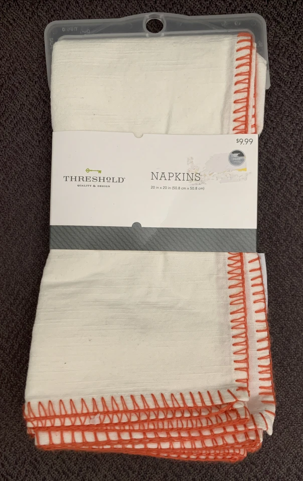 NEW White Cotton Table Napkins Cream With Orange Stitch Edge Pack of 4 - Image 2 of 4