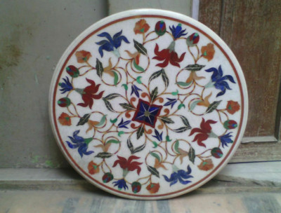 18'' White Marble Table Top Coffee Center Inlay Lapis Pietra Dura round Decor