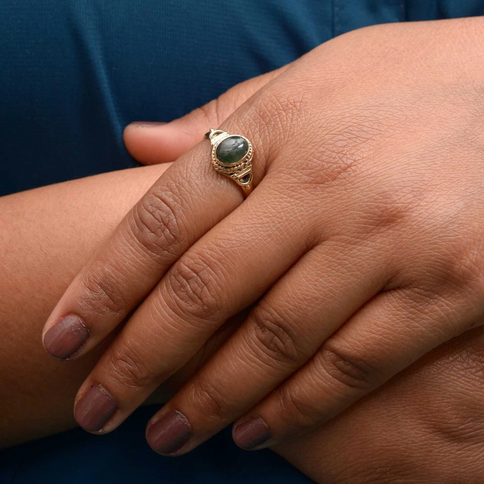 Moss Agate Ring Brass Gold Women Ring Promise Engagement Ring Gift For Mother - Image 2 of 4