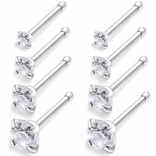Prong Set CZ Gem 316L Surgical Steel Nose Stud Bone Nostril Ring 18G 20G 2mm 3mm