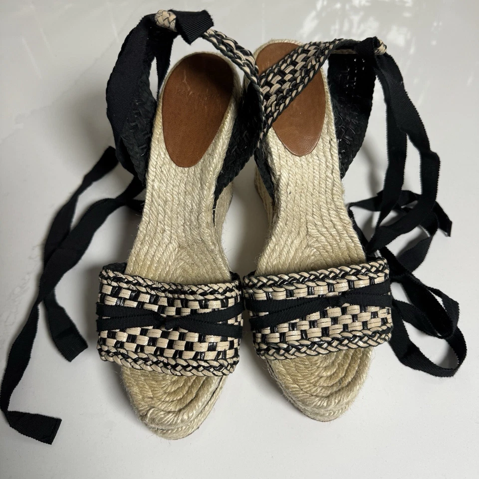 Kate Spade Espadrille Wedges Heel Sandal Women's 9 Black Tan Woven Ankle Ribbon - Image 3 of 4