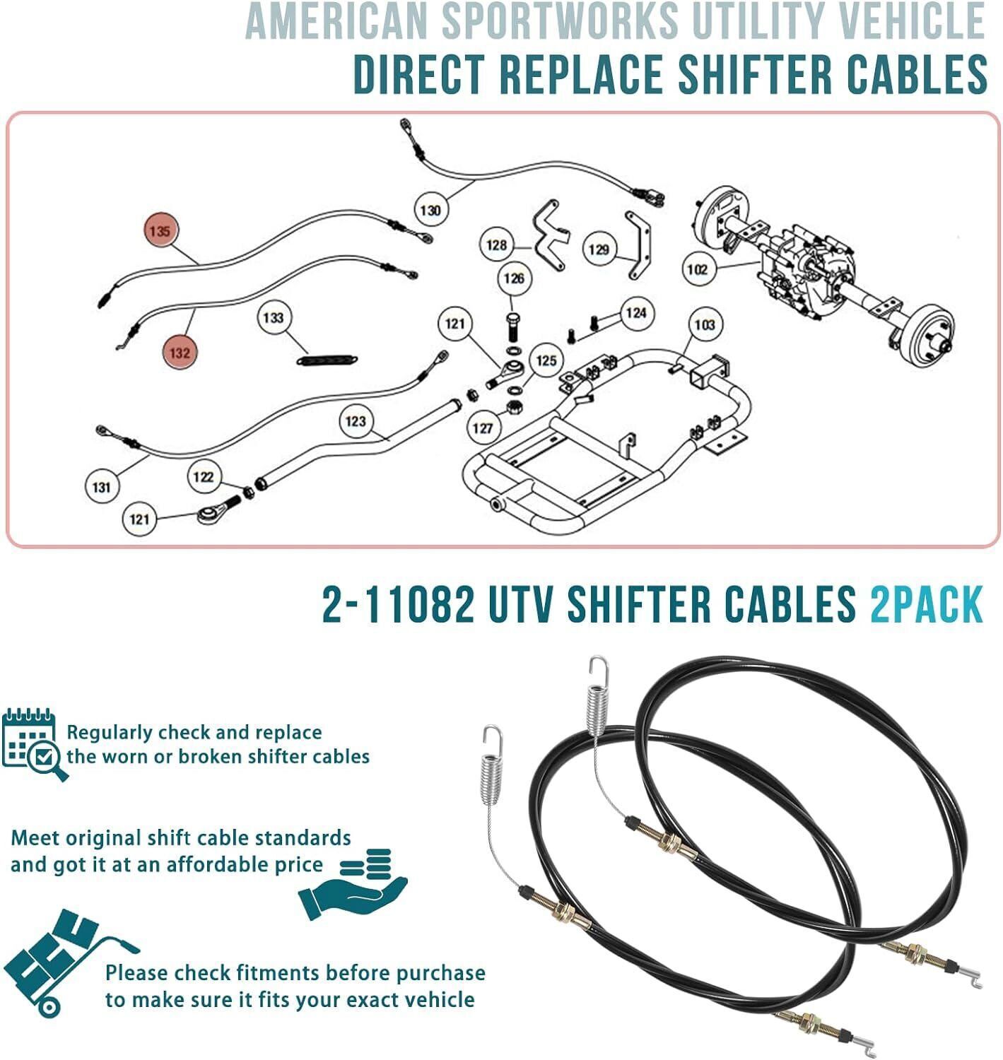 2-11082 Shifter Cables Replacement for Chuck Wagon CW-11, CW-413 CW-265 Go-Karts