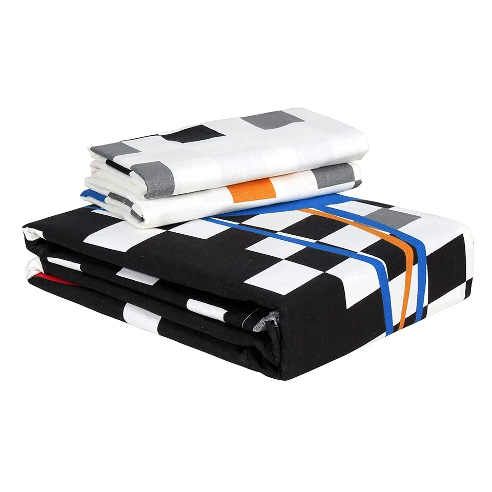 Sábana bajera de algodón tamaño doble con 2 fundas de almohada patrón cúbico, multicolor Foto 4 de 4