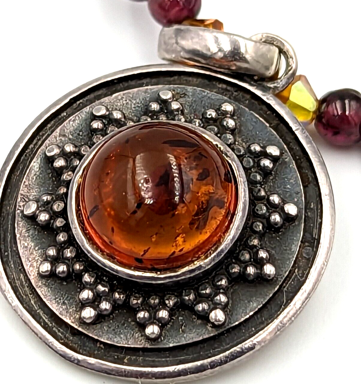 Honey Amber Sterling Silver Pendant On Garnet Bea… - image 8