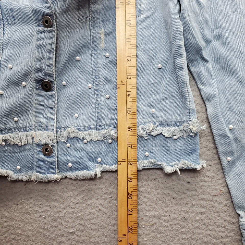 BB Dakota укороченный водитель грузовика куртка женщин S синий джинсовой ткани бисером потертый кромки кнопка спереди - Изображение 3 из 4