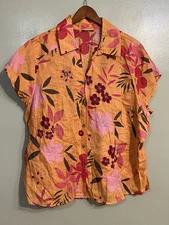 Avenue Womens plus Peach Floral Boho 100% Linen Sequined Button Up Blouse XXL  