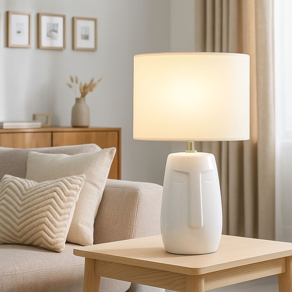 Tischlampe Tischleuchte Schlafzimmerlampe Textil Weiß Beistelllampe H 38,5 Cm-image