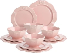 12-Piece Dinnerware Set, Embossed Bow Design, Iconic Ceramic Stoneware Service f