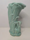 Vintage MCM Art Deco McCoy Pottery Green Ceramic Vase With Swan & Leaf Motif 9"
