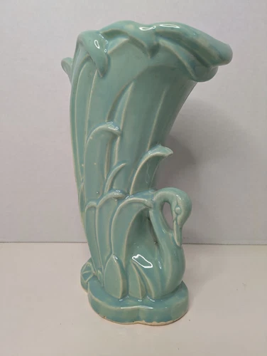 Vintage MCM Art Deco McCoy Pottery Green Ceramic Vase With Swan & Leaf Motif 9"