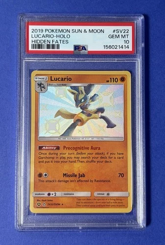 2019 Pokémon Sun & Moon Lucario Holo Hidden Fates #SV22 PSA 10 GEM MT