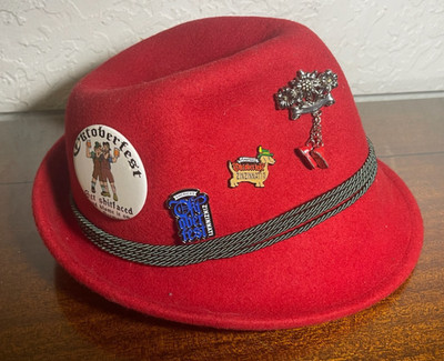 EHG Alpen Hat Red Wool Bavarian German Oktoberfest Pins Feather Rope Fedora