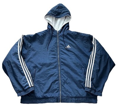Vintage Adidas Mens Jacket Hoodie Bomber Windbreaker Blue Zip Up 3 Stripes XL
