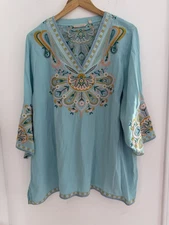 Soft Surroundings Embroidered  Blue Teal Turquoise Flowy Tunic Top Artsy BoHo 1X