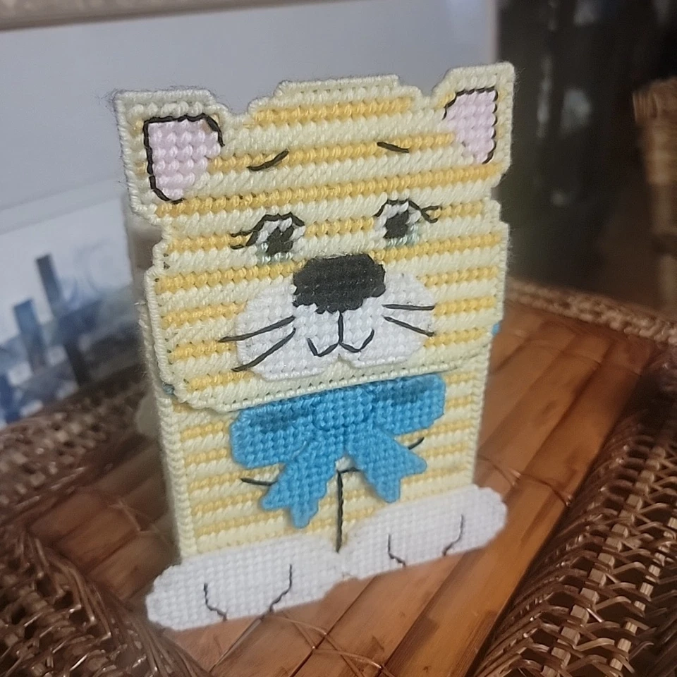 Cubierta de caja de pañuelos para gato de lona de plástico cosida a mano de colección naranja atigrada  Foto 3 de 4