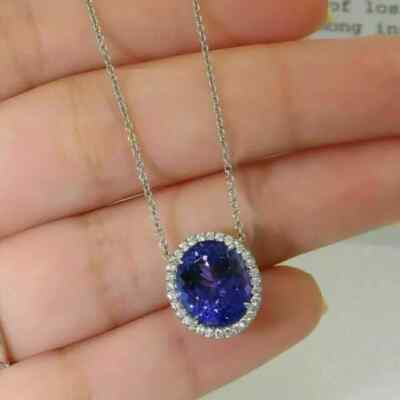 2.00Ct Oval Cut Lab Created Blue Tanzanite Halo Pendant 14K White Gold Plated