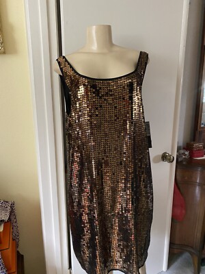 DKNY Womens Sequined Antique Gold Sleeveless Tank Evening Dress