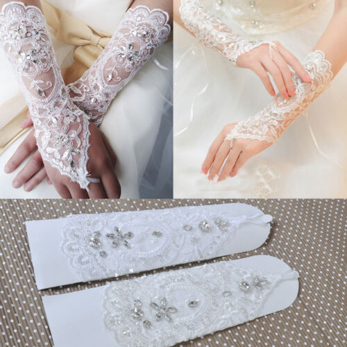 HANDSCHUHE Fingerlose Brauthandschuhe Hochzeit Spitze Kristall Perlen Ivory d - Bild 1 von 6